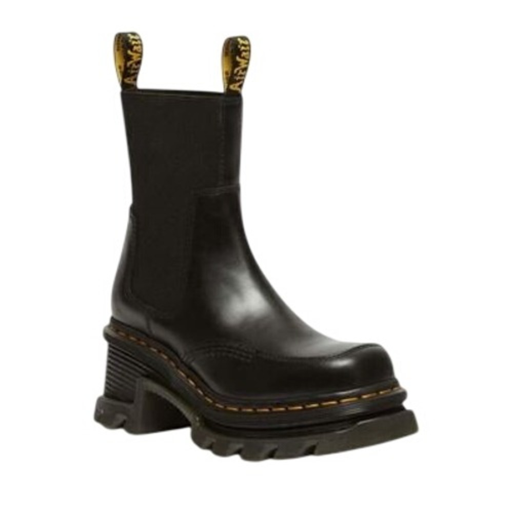Dr. Martens Leona Black Leather Platform Heeled Boots Lug Sole Chunky Heel SZ 9